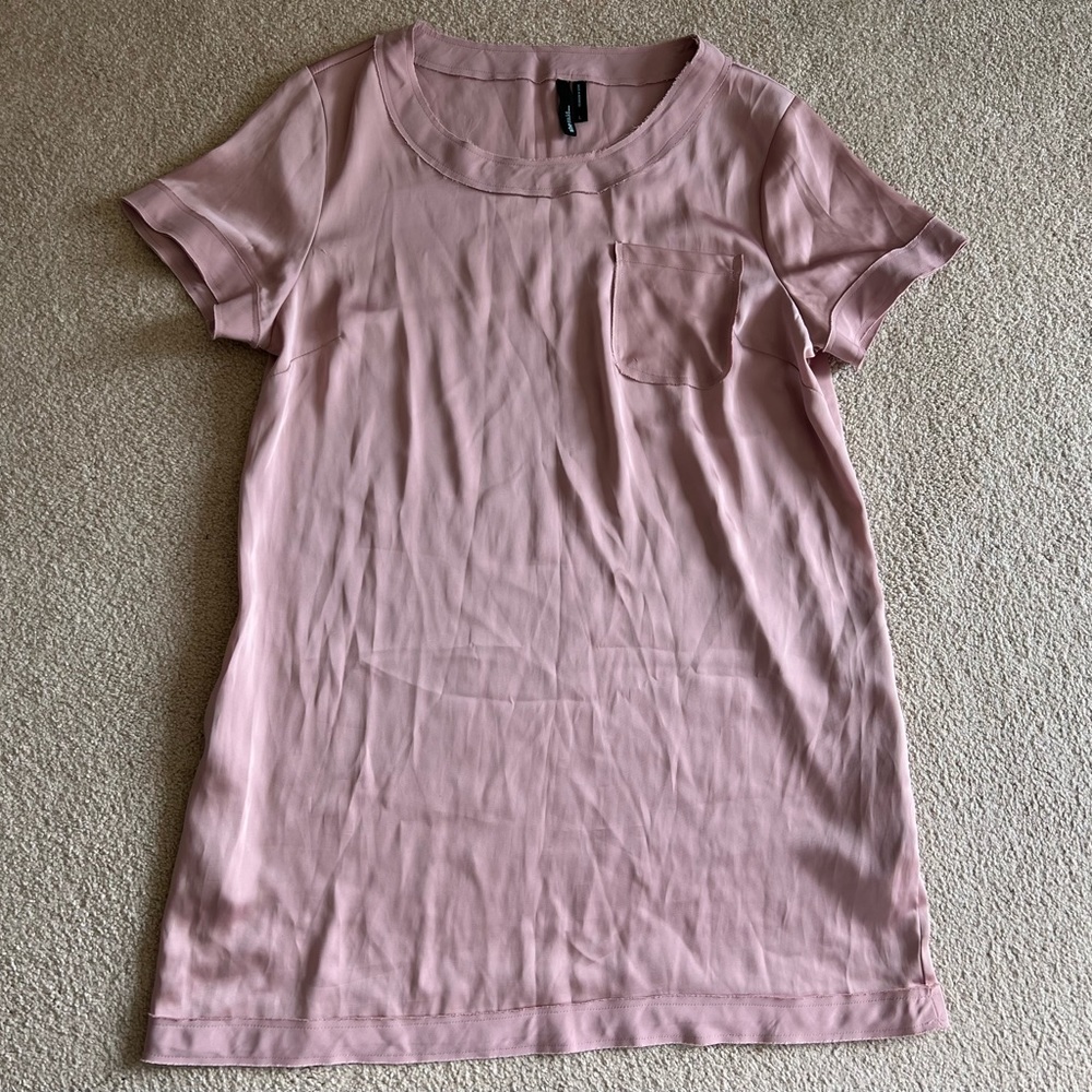 Women She Said Pink Short Sleeve Front Pocket Satin Silky Top Shirt Tee Blouse L